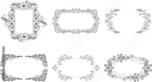 Collection of six elegant floral frames with delicate botanical details isolated on transparent background