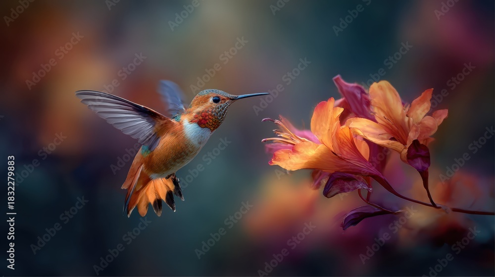 Naklejka premium Hummingbird hovers near vibrant orange flowers in a lush garden during a sunny afternoon