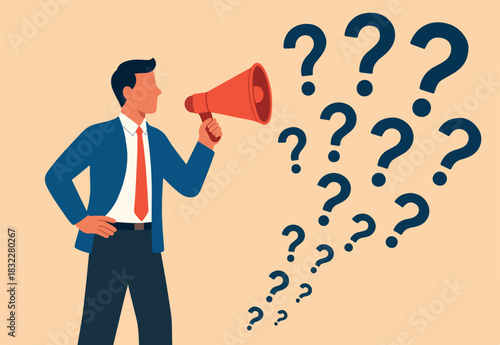  Ask questions to get answer for solving problem, ask for solution or curiosity, request explanation to solve issue or trouble concept, businessman ask questions on megaphone with lot of question mark