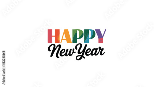 Colorful happy new year text with a festive and celebratory script font on a white background