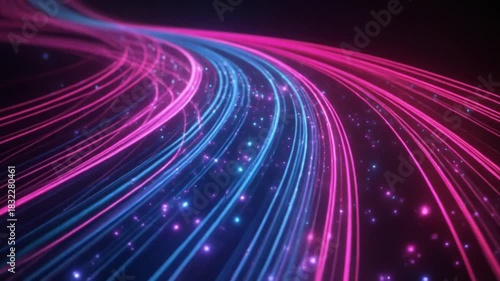 Abstract flowing lines of blue and pink light