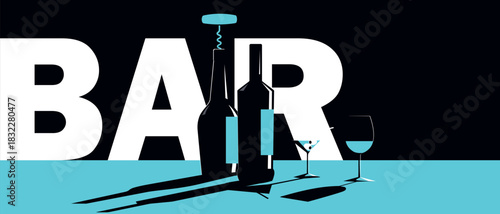 Restaurant banner, wine bar, party concept illustration, nightclub, drinking, and alcohol consumption. Flat illustration of alcohol bottles, glasses, margaritas, cocktails, bloody marys, red wine