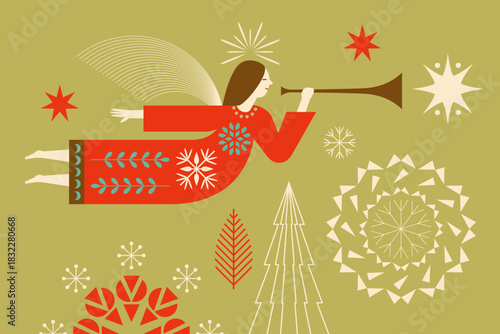 Christmas card. Christmas Angel with Horn. Christmas Angel Blowing Trumpet . Greeting card. Horizontal Merry Christmas card, banner and poster design 