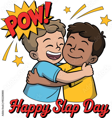 Two happy boys embracing warmly, celebrating friendship and joy with a POW! effect.