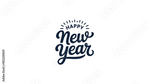 Elegant hand drawn typography celebrating happy new year with festive sparkles and confetti on white background