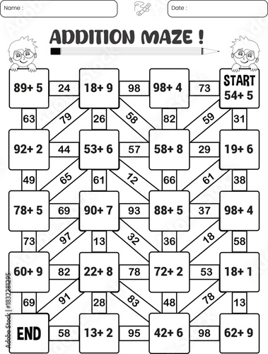 Addition maze puzzle game worksheet for child