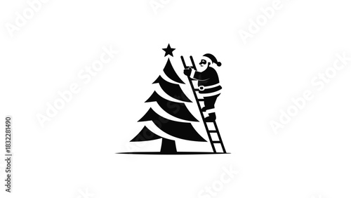 Santa claus climbs a ladder to place a star on top of a decorated christmas tree in a festive holiday scene