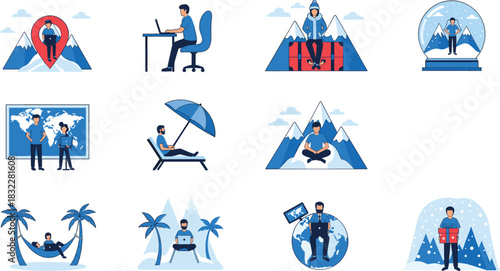 Collection of flat design icons illustrating digital nomad lifestyle flexible remote work and professional freedom from tropical beaches to mountain locations