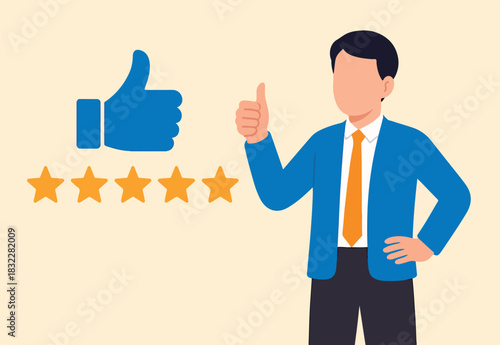  Best star rating, high quality product or good quality service, excellence customer feedback, user experience or five stars ranking concept, young business owner with big thumb up and 5 stars rating.