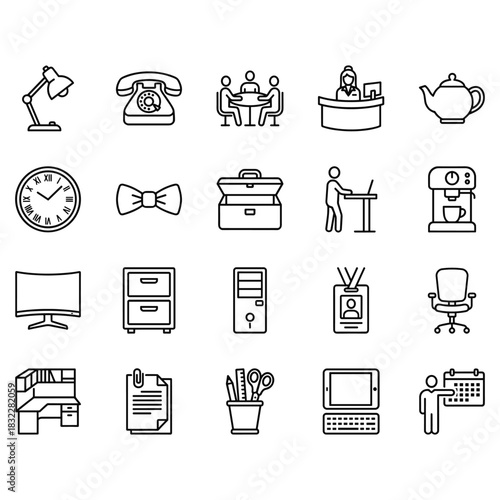 Vector line art icon set for office and business. 20 clean outline symbols including workspace furniture, technology, meeting, and administration elements.