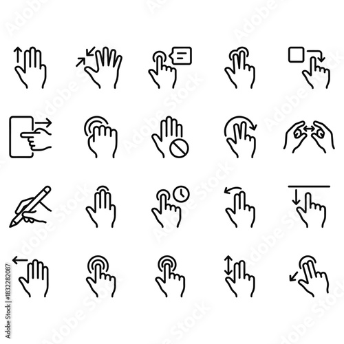 20 vector line icons depicting touchscreen hand gestures. Outline symbols for mobile UI actions like tap, swipe, pinch, scroll, multi-touch, and stylus use. Clean black strokes.