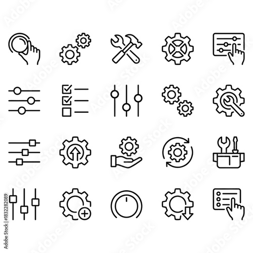 Vector line icons set covering settings, tools, gears, and configuration controls. Clean black outline style suitable for web, app interfaces, and UI UX design projects.