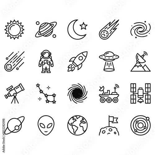 20 vector line icons depicting outer space, astronomy, and cosmic exploration. Outline symbols for planets, rockets, astronauts, telescopes, and celestial phenomena.