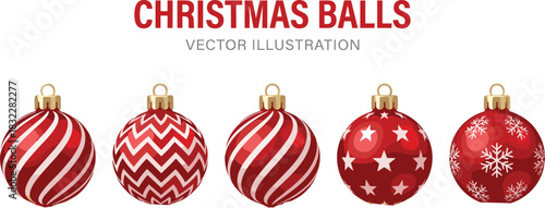 Set of five red Christmas balls vector illustration, festive holiday baubles with white patterns, stripes, snowflakes, stars, and zigzags, isolated objects for winter season decoration.