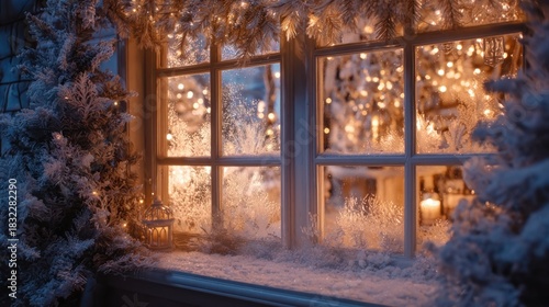 cozy Christmas window with frost and glowing lights