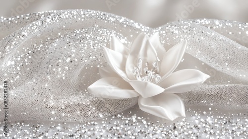 A delicate white lotus flower rests upon a shimmering fabric adorned with scattered glitter creating a soft elegant backdrop for its pure beauty
