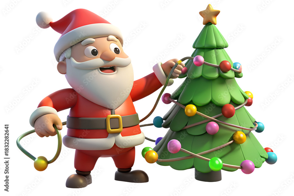 Fototapeta premium Cartoon santa claus decorating a christmas tree with colorful lights and a star on top isolated on transparent background