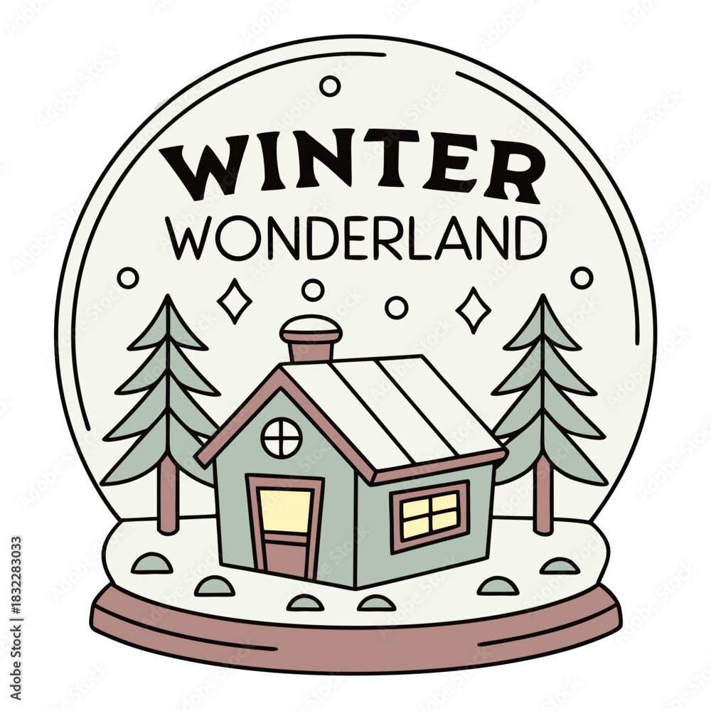 Obraz premium Winter Wonderland Snow Globe Vector Icon – Cozy Christmas Cabin, Tiny House, Sticker, Minimalist Snowy Landscape, Hand-drawn Style, Holiday Season Greeting Card Illustration & Simple Line Art Design