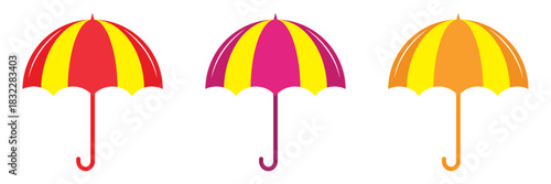 Waterproof umbrella icon set in flat style. Parasol vector illustration on isolated background. Rainy protection sign business concept.