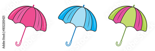 Waterproof umbrella icon set in flat style. Parasol vector illustration on isolated background. Rainy protection sign business concept.