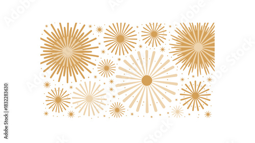Abstract golden sunbursts and starbursts creating a festive and celebratory background pattern on a white canvas