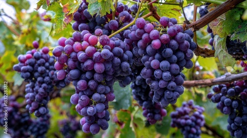 Wallpaper Mural Bunches of ripe dark grapes hanging from lush green vines in a vineyard during the harvest season under clear blue skies Torontodigital.ca