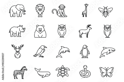 Collection of hand drawn animal illustrations in black and white style