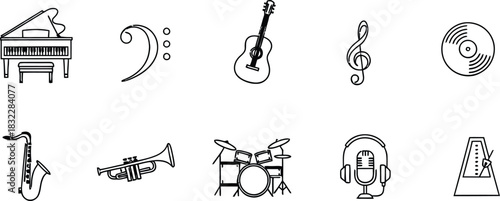 Hand drawn musical instruments and symbols on white background