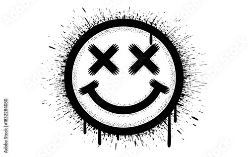 Distressed smiley face with x eyes and splatter effect in black and white