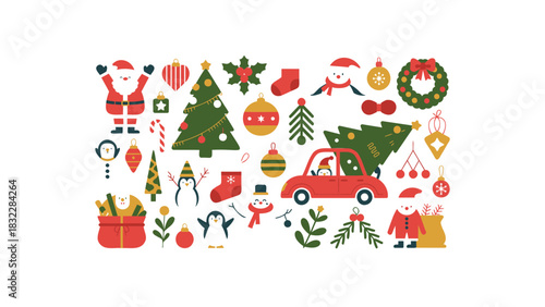 Collection of festive christmas icons and ornaments including santa claus snowman trees and gifts for holiday design