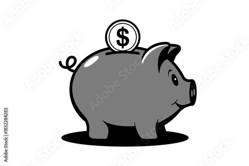 Illustration of a gray piggy bank with a coin on top of its back slot