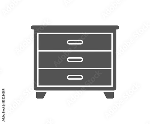 Illustration of a gray chest of drawers with three drawers and small legs