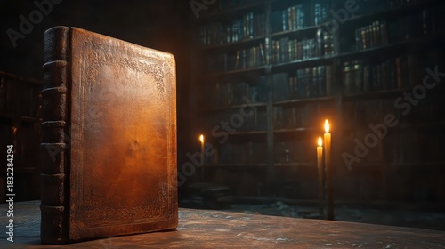 A thick cracked leather bound book sits on a table in a dimly lit library with bookshelves in the background and lit candles providing a warm glow