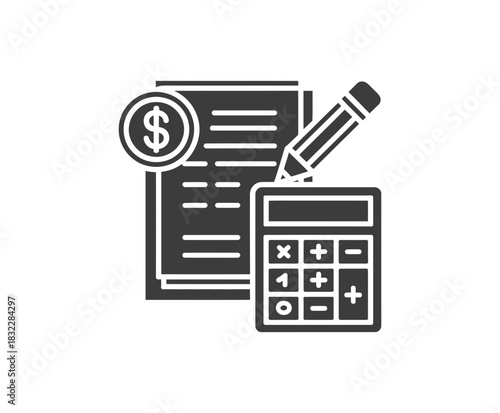 Illustration of a calculator pencil coin and documents on white background