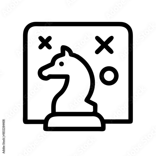 Illustration of a chess knight piece with tic tac toe symbols in the background in black and white