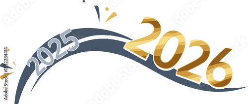 Illustration showing the transition from the year 2025 to the year 2026 with a curved line design