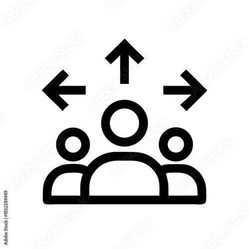 Icon depicting a group of three people with arrows pointing in different directions above their heads