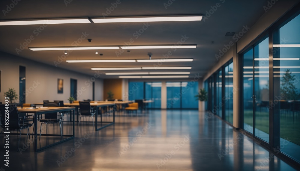 Fototapeta premium Modern Office Space: An expansive, minimalist office interior bathed in the soft glow of overhead lighting, highlighting an open layout with sleek desks, panoramic windows.