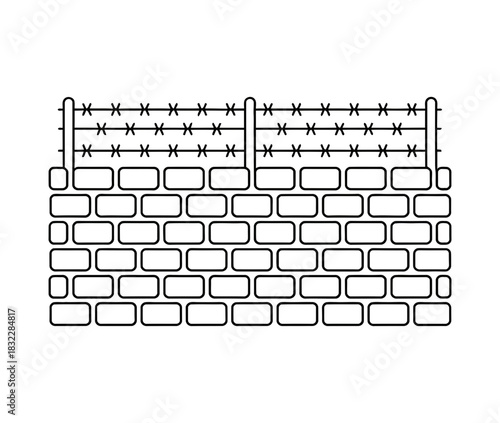 Illustration of a brick wall topped with barbed wire fence in black outline