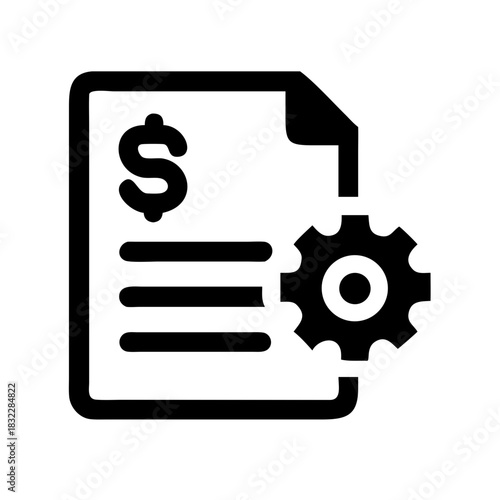 Illustration of a document with a dollar sign, horizontal lines and a gear on the right side