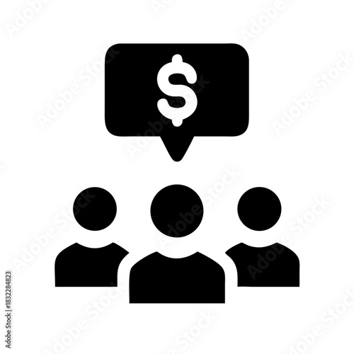 Three people standing under a speech bubble with a dollar sign in the middle of the speech bubble