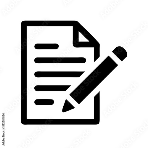 A document with lines and a pencil indicating writing or editing on the paper in black and white style