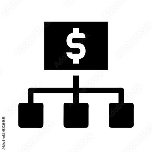 Dollar sign hierarchy with three subordinate boxes connected by lines in black color