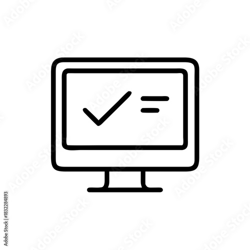 Computer screen displaying a check mark and two horizontal lines in a simple black outline style icon