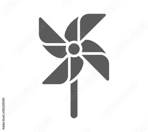Illustration of a gray pinwheel with four blades on a stick against white
