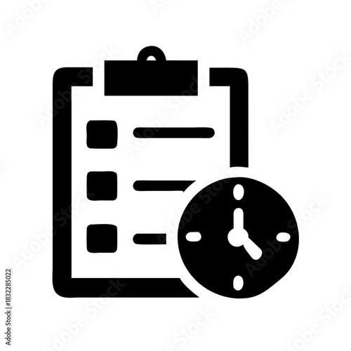 A black and white icon showing a clipboard with checklist items and a clock indicating time management or scheduling tasks