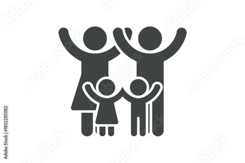 Illustration of a family with two parents and two children raising hands