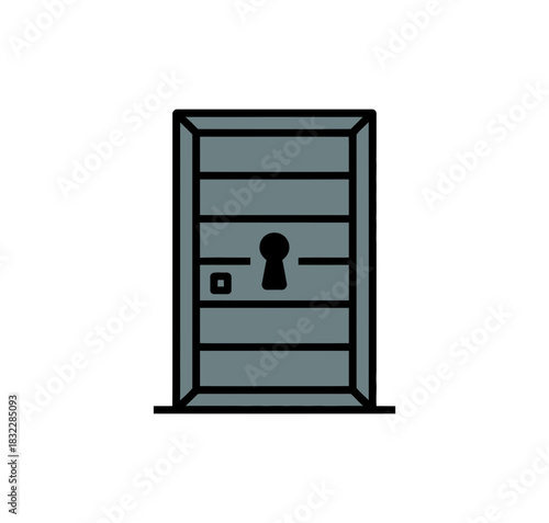 Illustration of a closed gray door with horizontal panels and keyhole