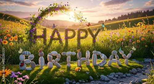 Happy birthday greeting card with flowers butterflies and stones scenic nature background image for birthday wishes