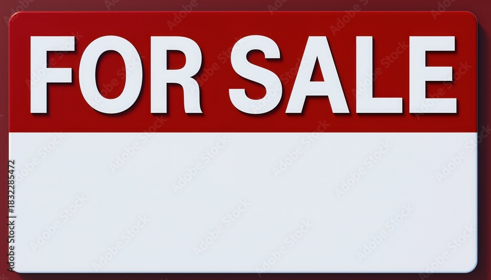 Fototapeta premium For Sale Sign: A bold, eye-catching FOR SALE sign, perfect for advertising property or items. Sign is prominently displayed, set against a red background and ready to capture attention.